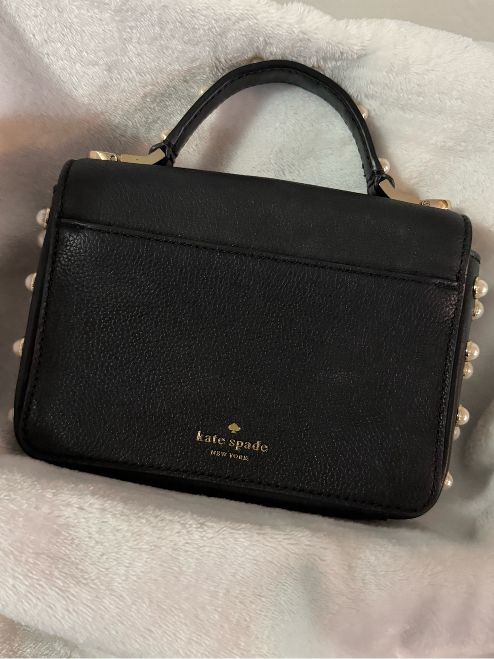 Kate Spade New York Black Pearl Studded Leather Satchel Top Handle Bag